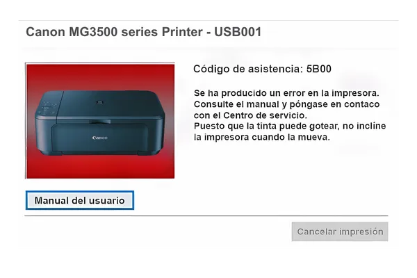 Así se ve este error en la Canon MG3510