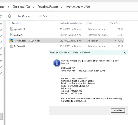 Carpeta C:\ResetEntuPc.com con el programa de reset de tu modelo y su ventana con el Hardware ID